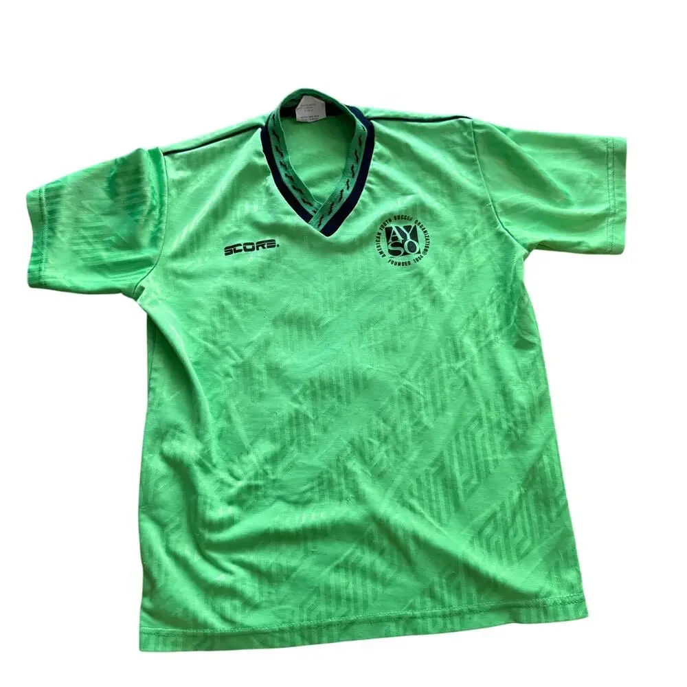 Vintage Score AYSO Neon Green Soccer Jersey Youth L Made USA 90s American Soccer